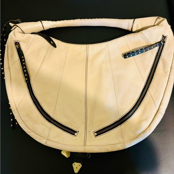 orYANY Leather Handbag Cream Shoulder Bag With Studded black Leather Accents - Picture 1 of 10